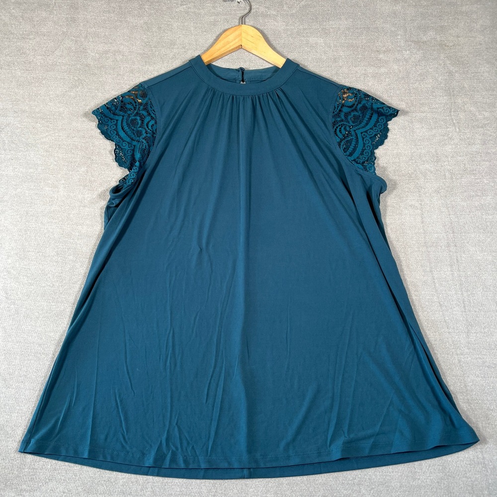 Torrid Lace Sleeve Mock Neck A-Line Blouse Top Women 1 Teal Polyester Spandex